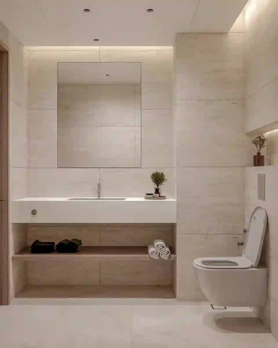 Powder room with a floating vanity in a 3-bedroom townhouse