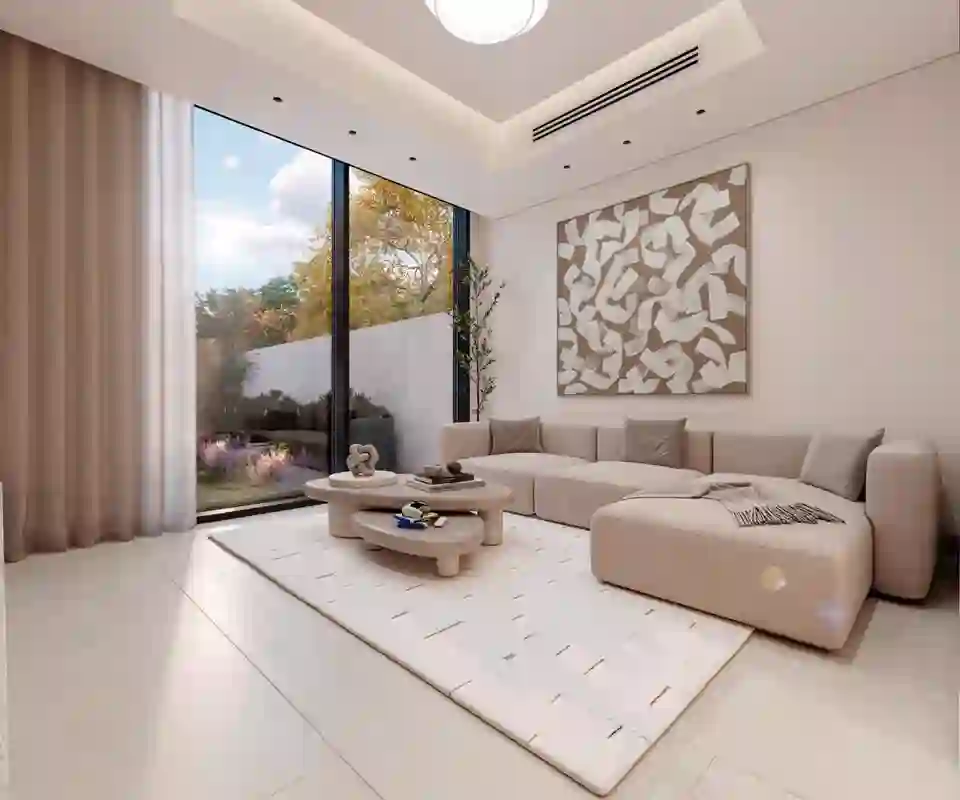 Living room with full-height garden windows in a 3-bedroom townhouse