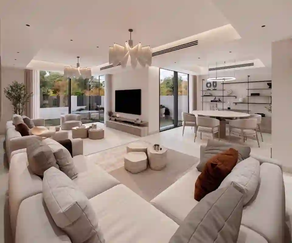 Open-plan living and dining room in a 4-bedroom townhouse