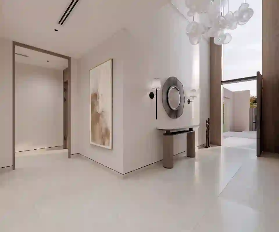 Entrance hall with a sculptural pendant light in a 5-bedroom villa