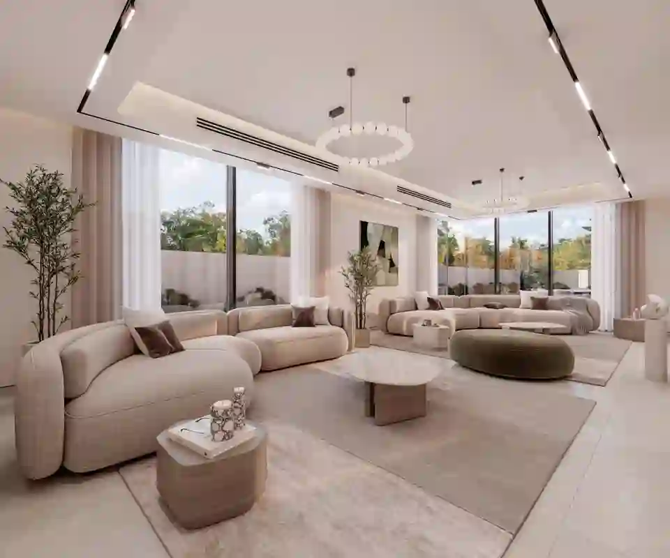 Living room with garden-facing windows in a 5-bedroom villa