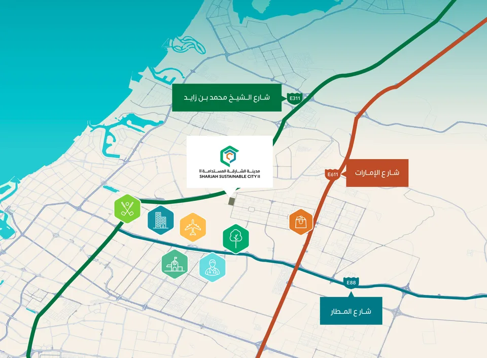 خريطة توضح موقع مدينة الشارقة المستدامة 2 بالنسبة للطرق الرئيسية والمعالم القريبة