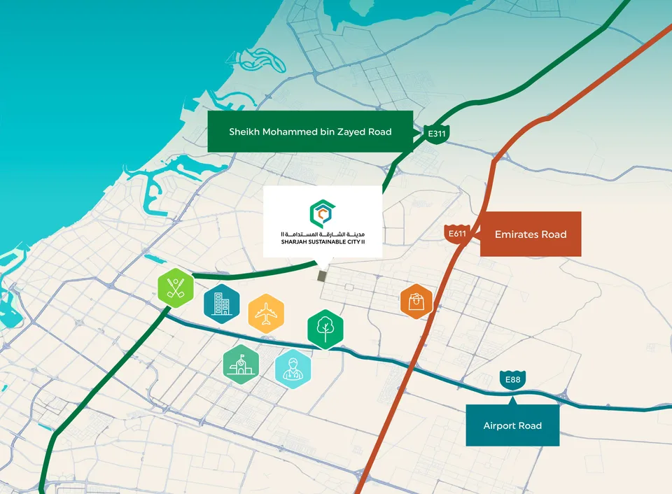 Map of Sharjah Sustainable City II's location relative to nearby highways and landmarks